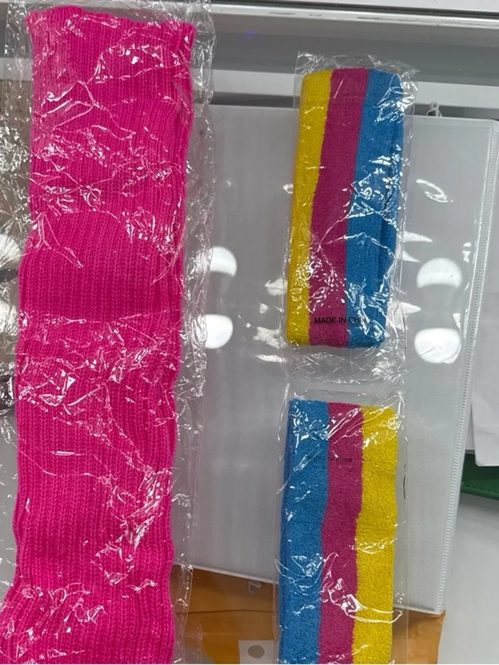 Bright Pink Kids Knit Leg Warmers with Rainbow Striped Wristbands